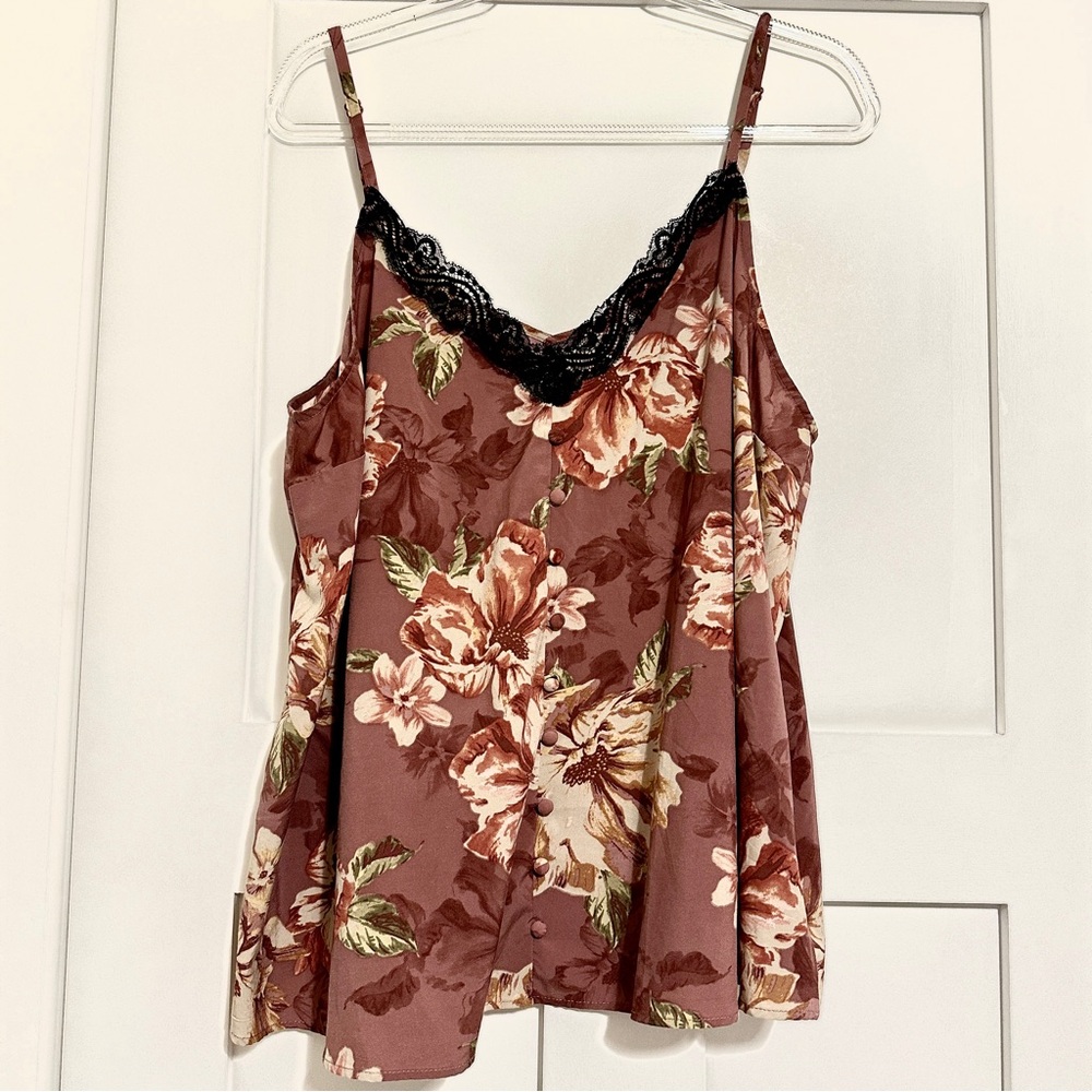 Torrid Floral Camisole Tank with Black Lace Trim • Brown and Mauve • 1X